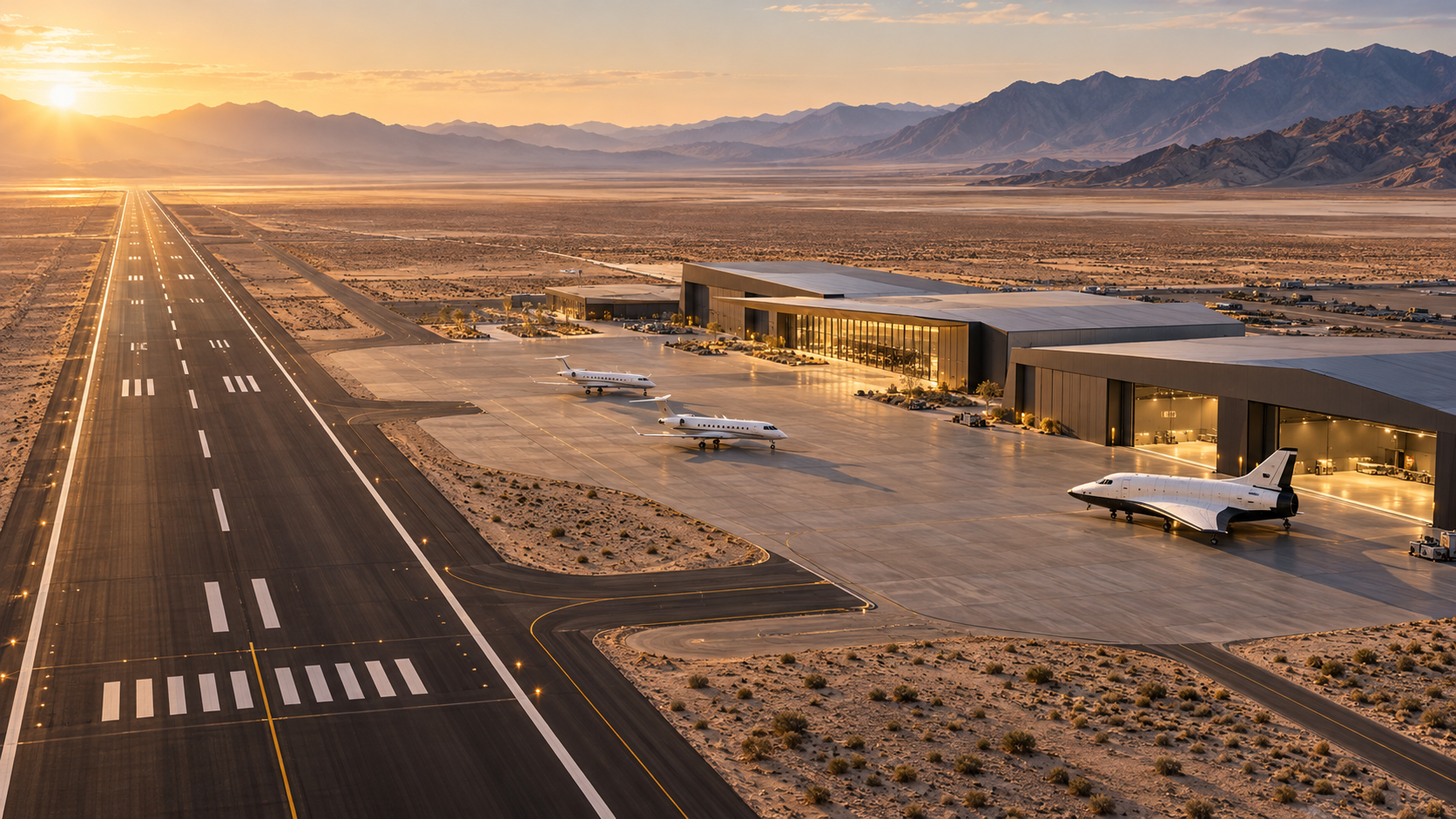Illustrative concept of a desert aviation campus with runway and hangars